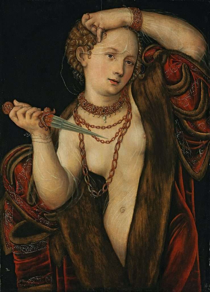 Lucas Cranach Lucretia festmény – meztelen nő tőrrel a kezében, erotizált ábrázolás.
