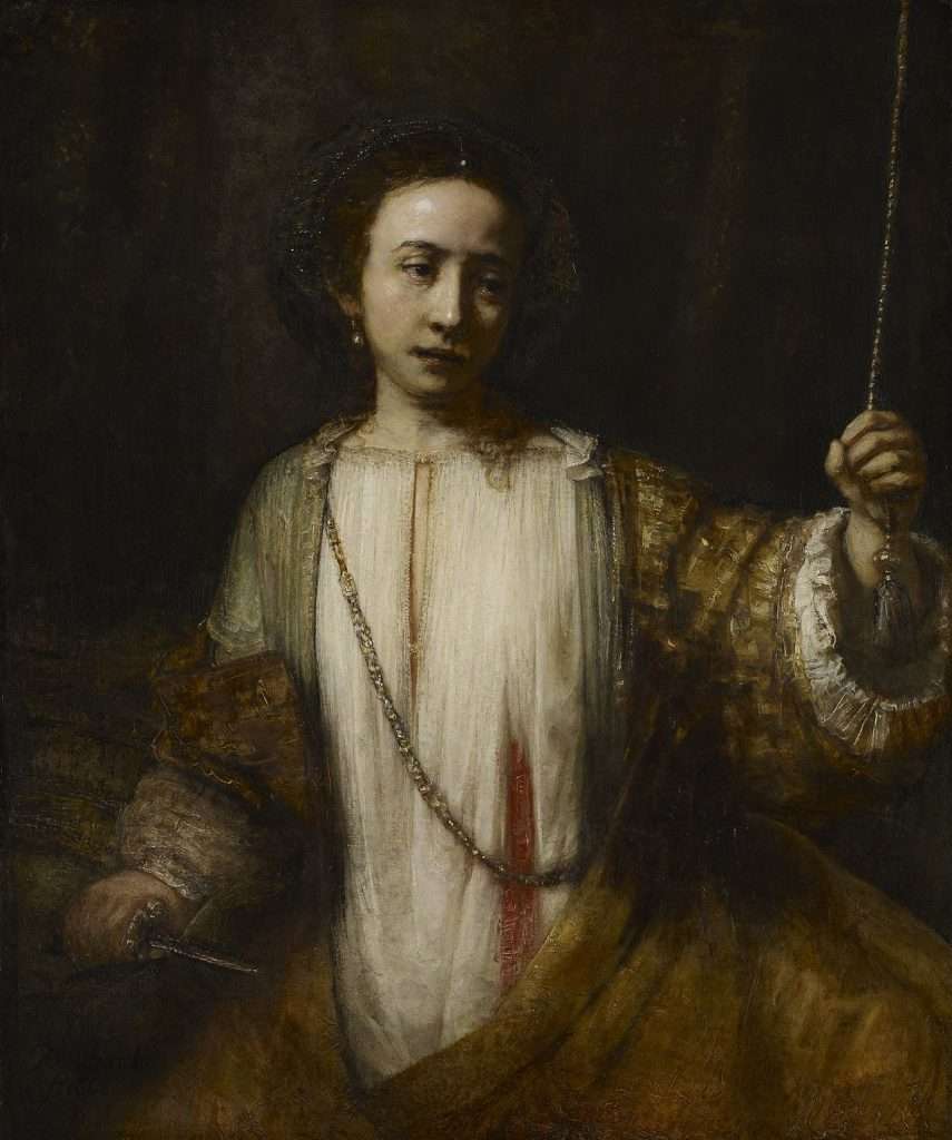 Rembrandt Lucretia festmény 1666 – a nő vérfoltos ruhában, a halál pillanatában.