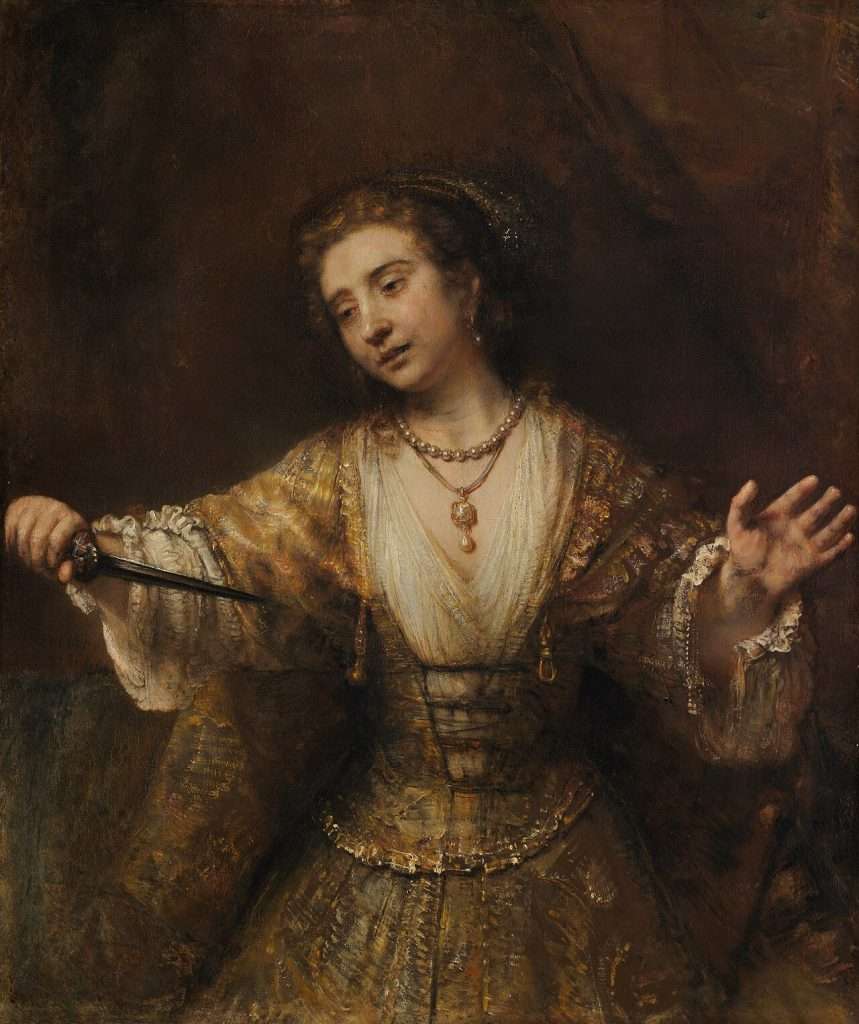 Rembrandt Lucretia festmény 1664 – a nő kezében tőr, ruháján vérfolt, szomorú tekintettel.
