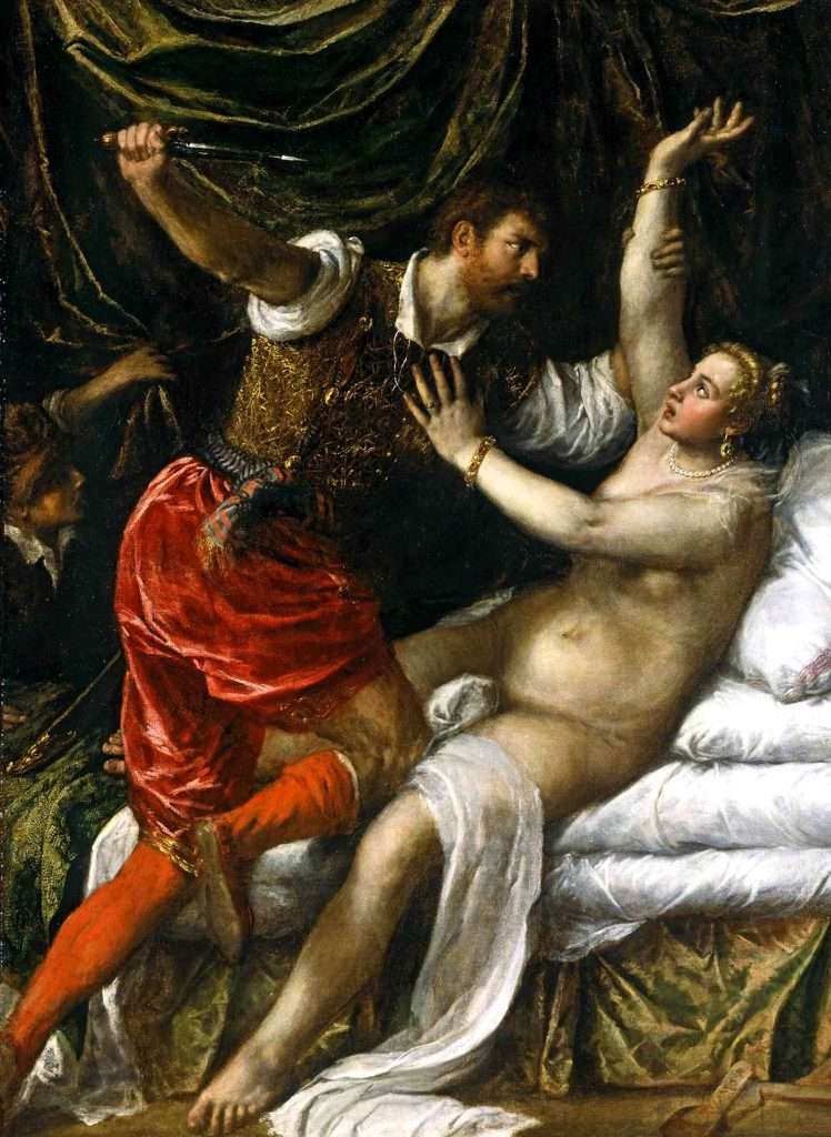 Tiziano Lucretia és Sextus Tarquinius festmény erőszak jelenete, meztelen nő és erőszakos férfi.