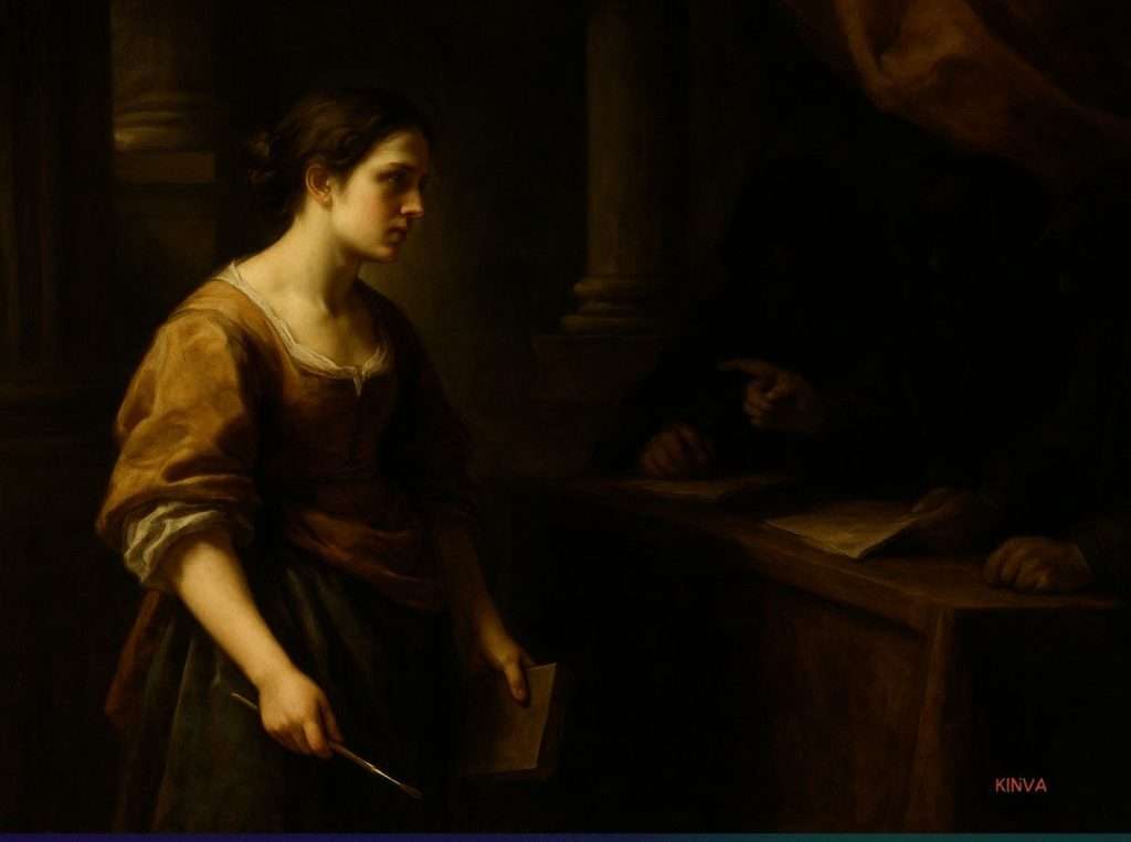 Barokk stílusú olajfestmény illusztráció, Artemisia Gentileschi perének allegorikus ábrázolása