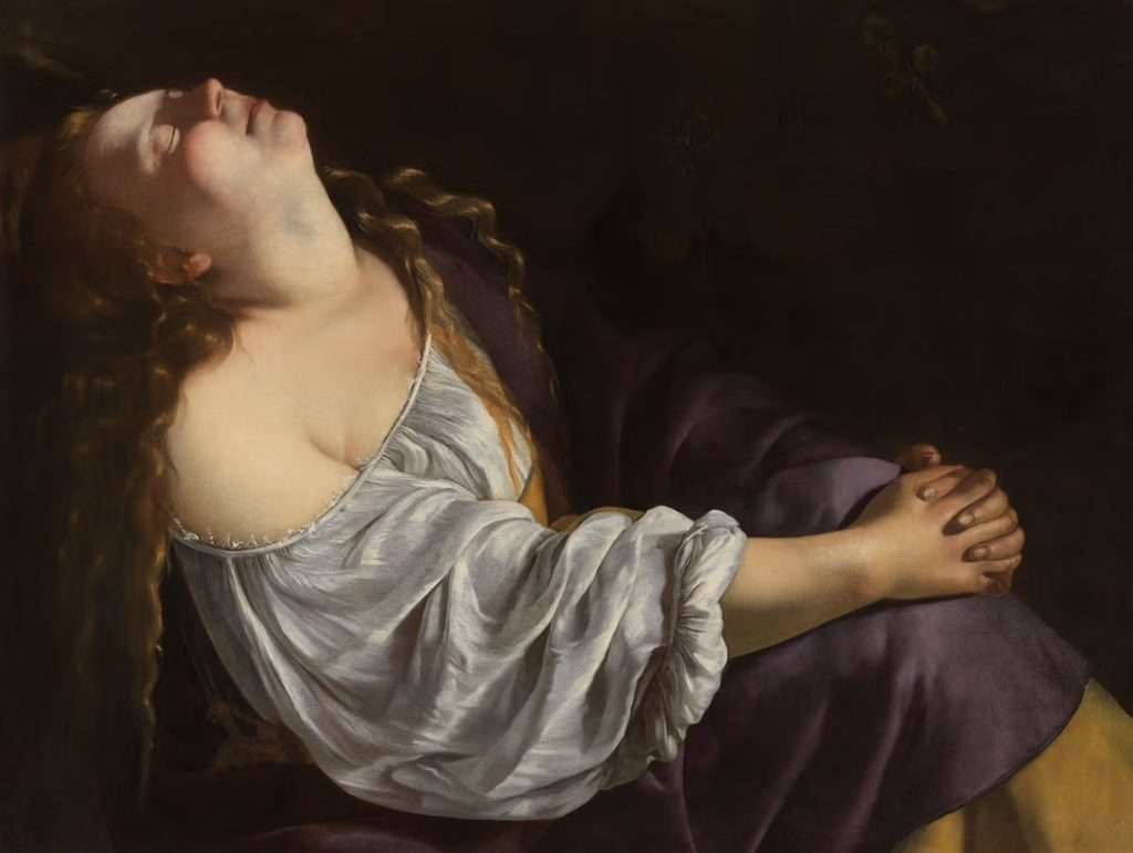 Artemisia Gentileschi barokk festménye Mária Magdolna extázisban, drámai fény-árnyék hatással
