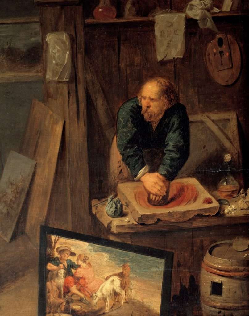 Barokk festőműhely, inas színeket készít a mesterek számára