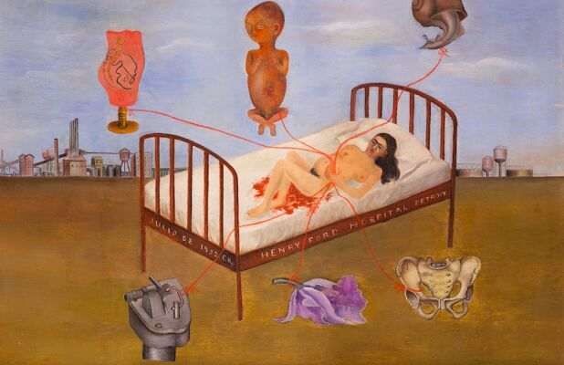 Frida Kahlo élete – Henry Ford kórház című festmény, amely a mexikói festőnő vetélésének drámai élményét mutatja be