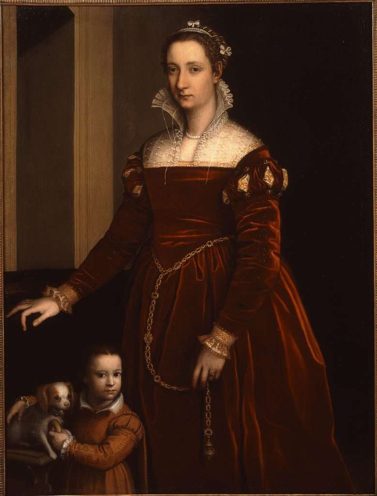 Sofonisba Anguissola festménye – nő gyermekkel és kutyával, az első női udvari festő egyik portréja